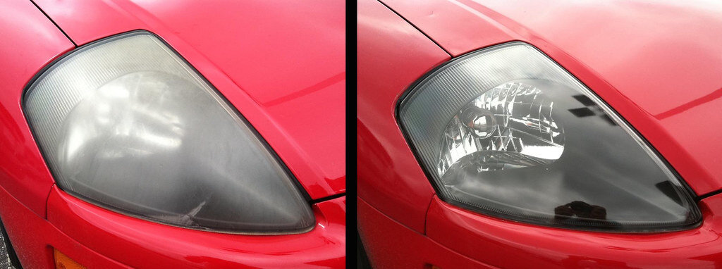 The same car headlight photographed before and after restoration. On the left the lens is clouded a flat grey and the reflector inside is invisible. On the right the identical lens is fully clear, with the chrome reflector, projector and bulb sharply visible through it.